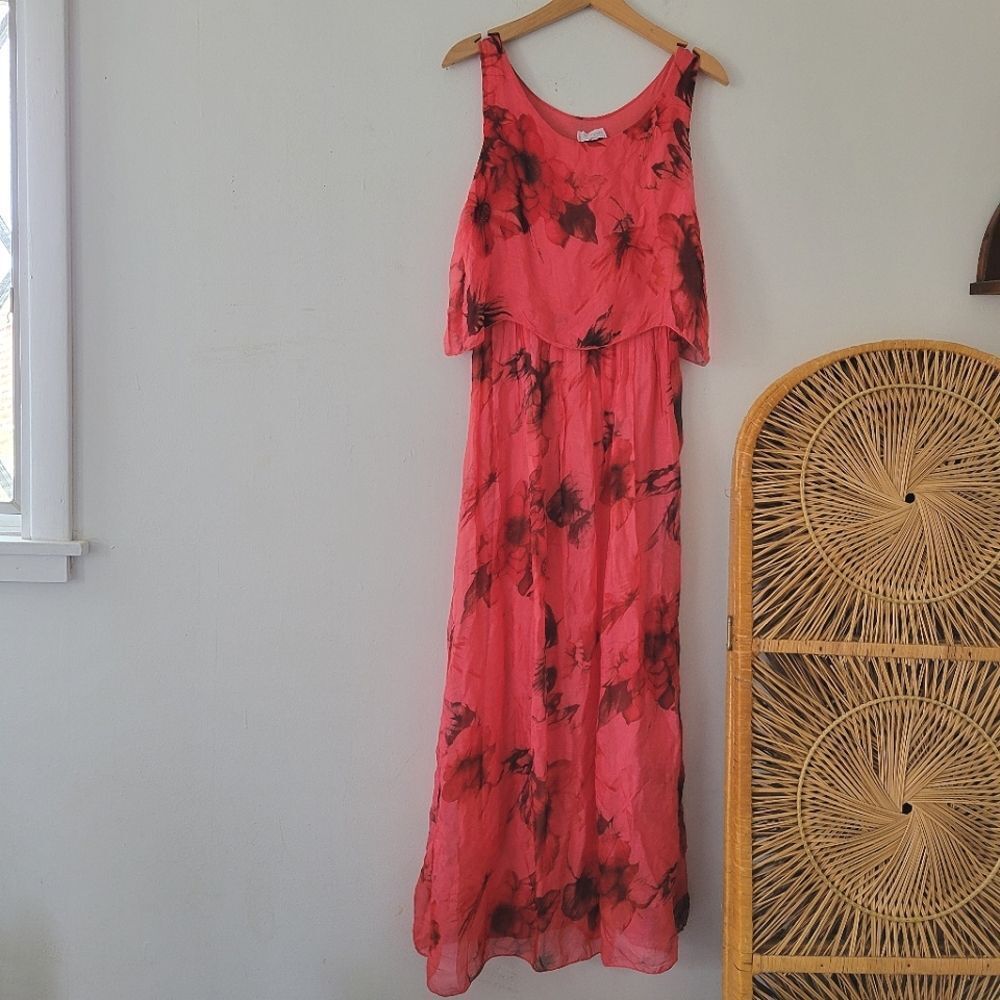 H. Trend Silk Dress Made In Italy Red Floral Sleeveless Small